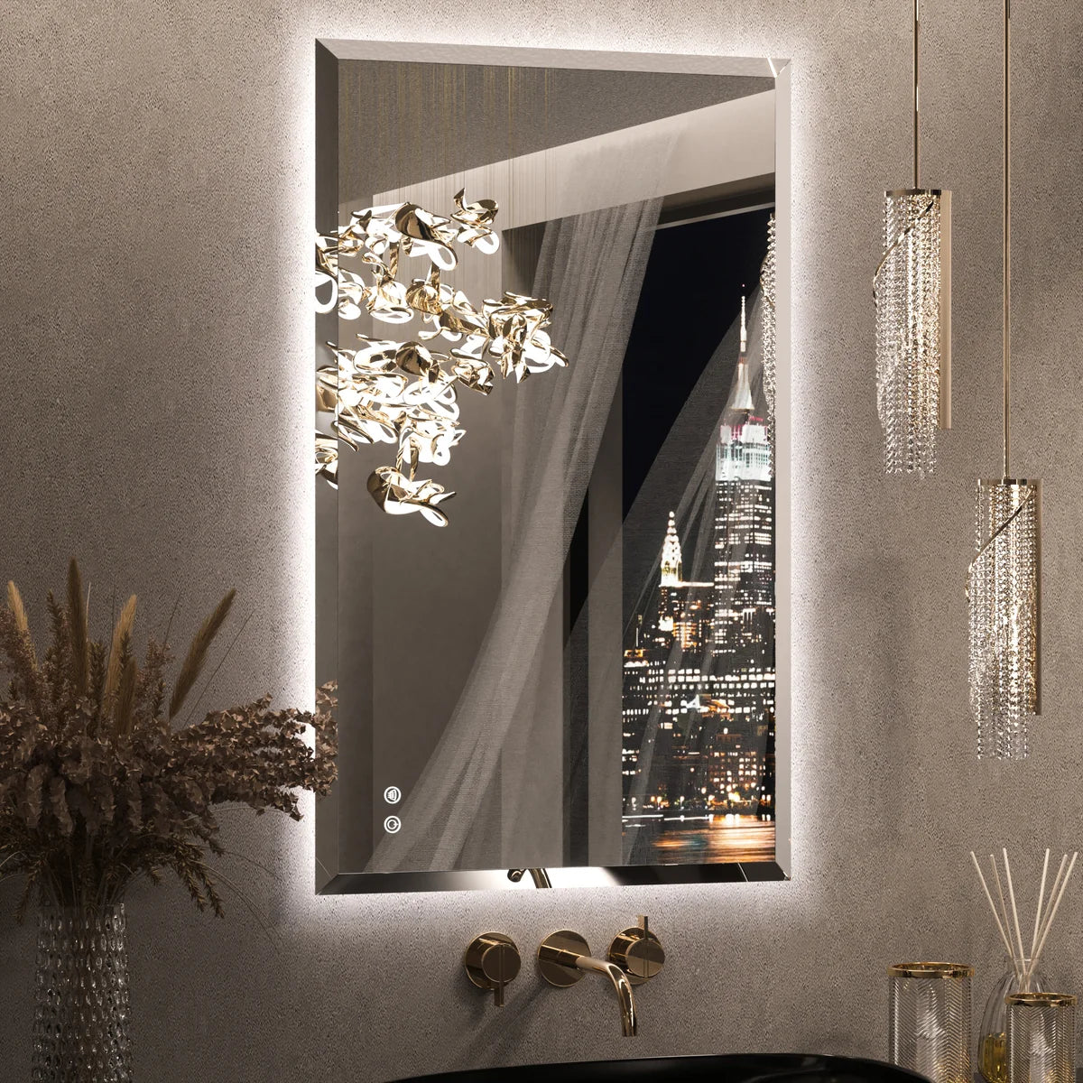 Prime LED House Beveled Edge Backlit LED Bathroom Mirror – 3-Color Dimmable, Anti-Fog, HD Tempered Glass & Touch Memory Function