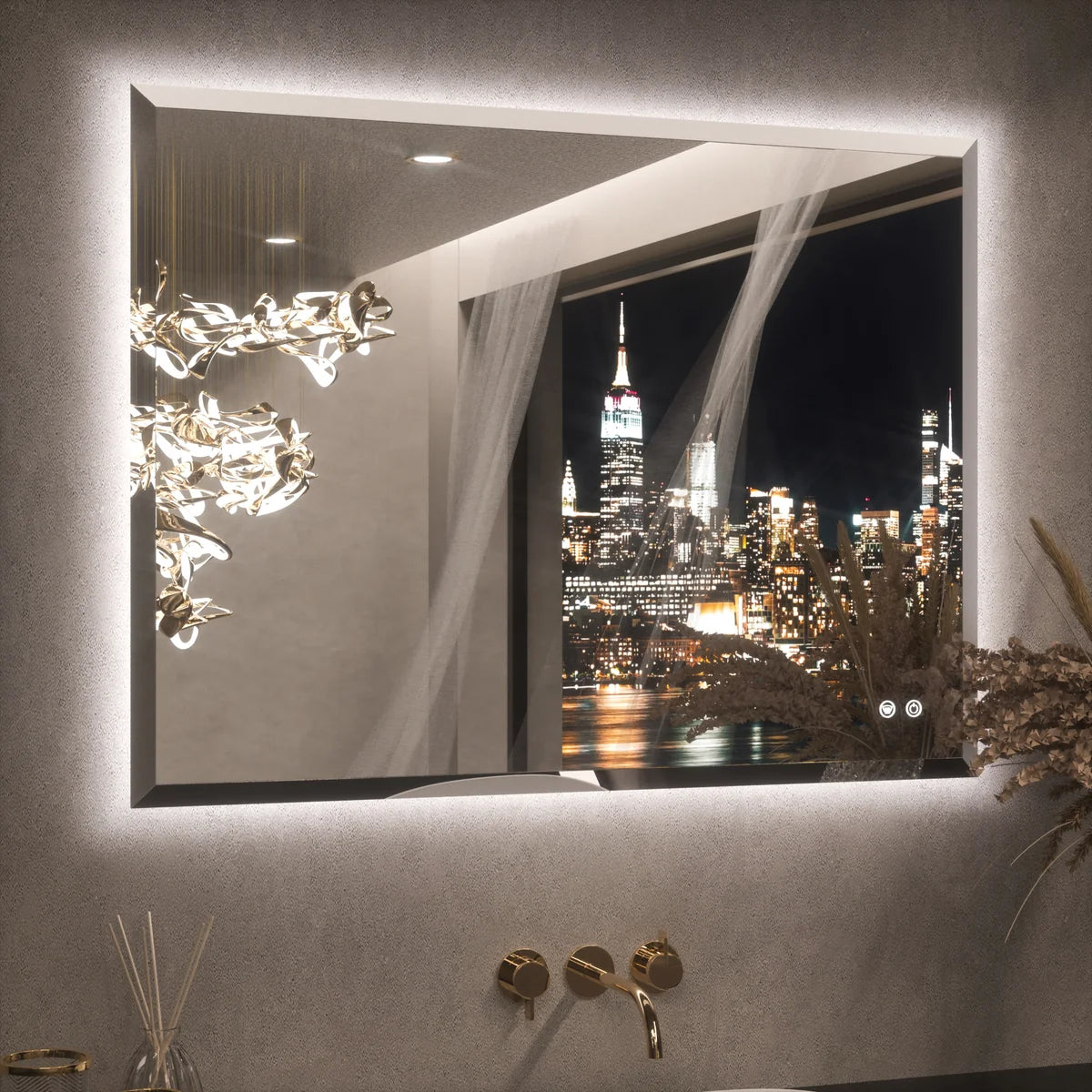 Prime LED House Beveled Edge Backlit LED Bathroom Mirror – 3-Color Dimmable, Anti-Fog, HD Tempered Glass & Touch Memory Function