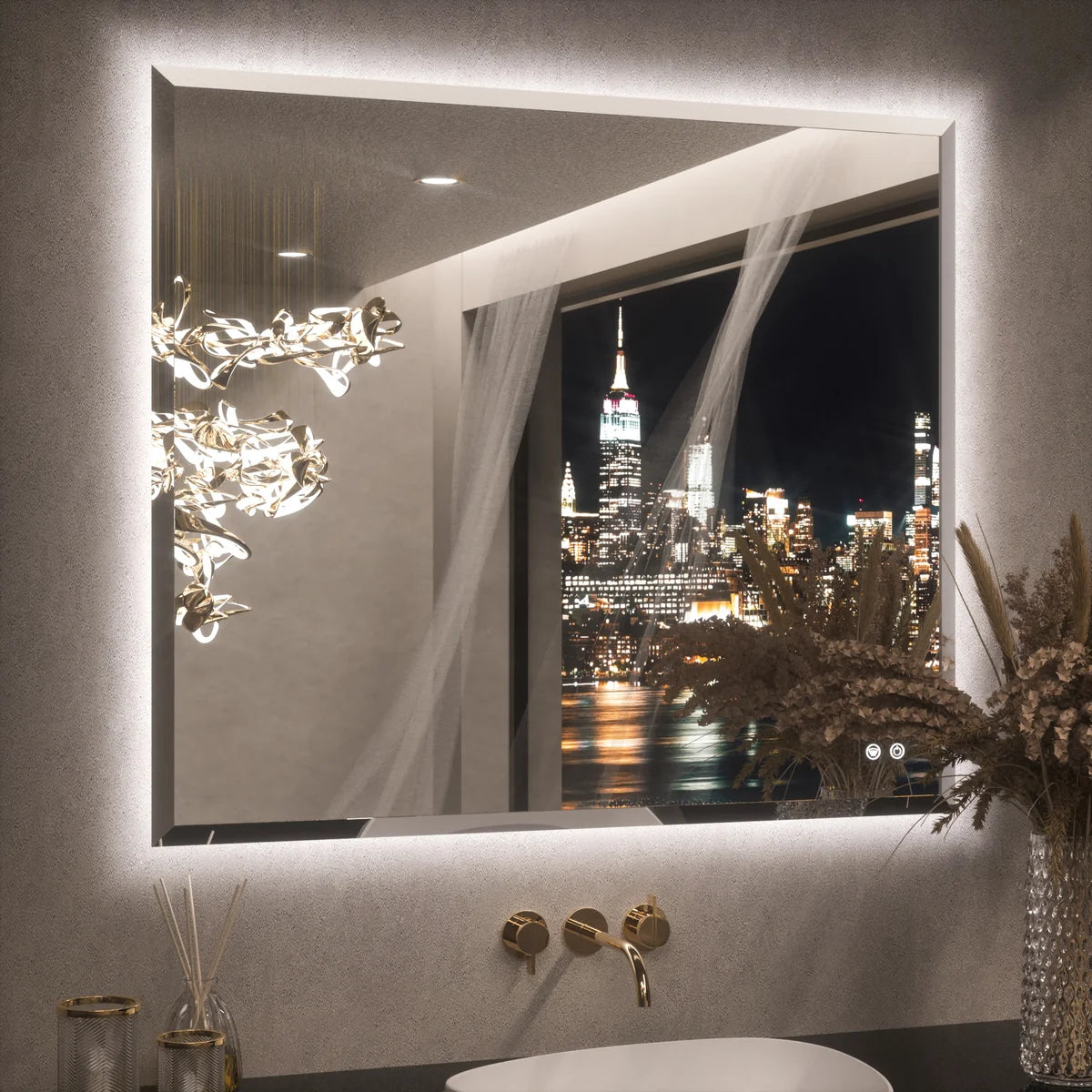 Prime LED House Beveled Edge Backlit LED Bathroom Mirror – 3-Color Dimmable, Anti-Fog, HD Tempered Glass & Touch Memory Function