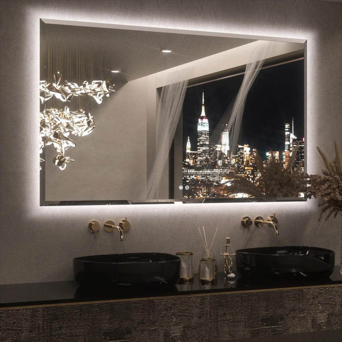 Prime LED House Beveled Edge Backlit LED Bathroom Mirror – 3-Color Dimmable, Anti-Fog, HD Tempered Glass & Touch Memory Function
