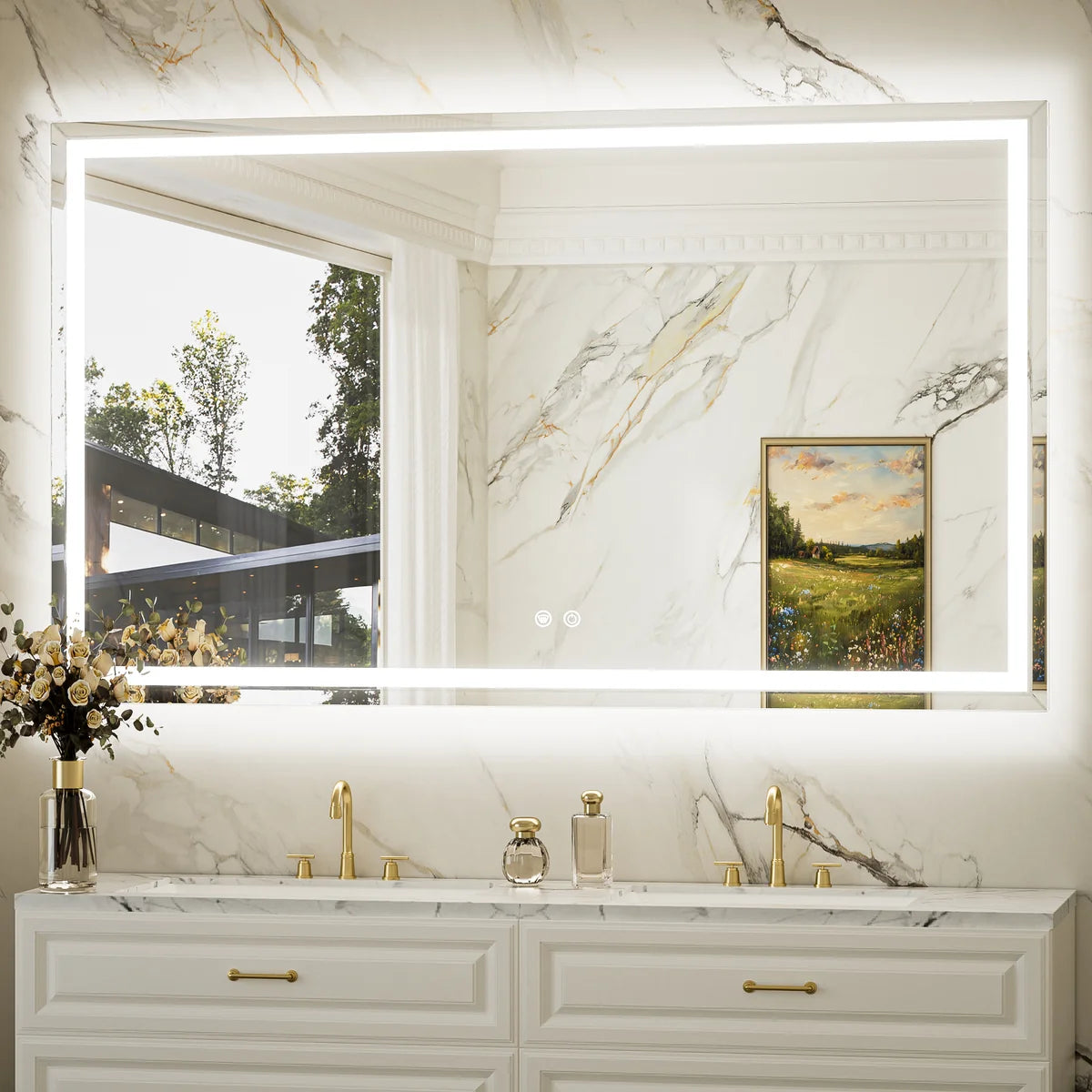 Beveled Frontlit & Backlit LED Bathroom Mirror with 3-Color Dimmable Lighting, Anti-Fog & HD Tempered Glass