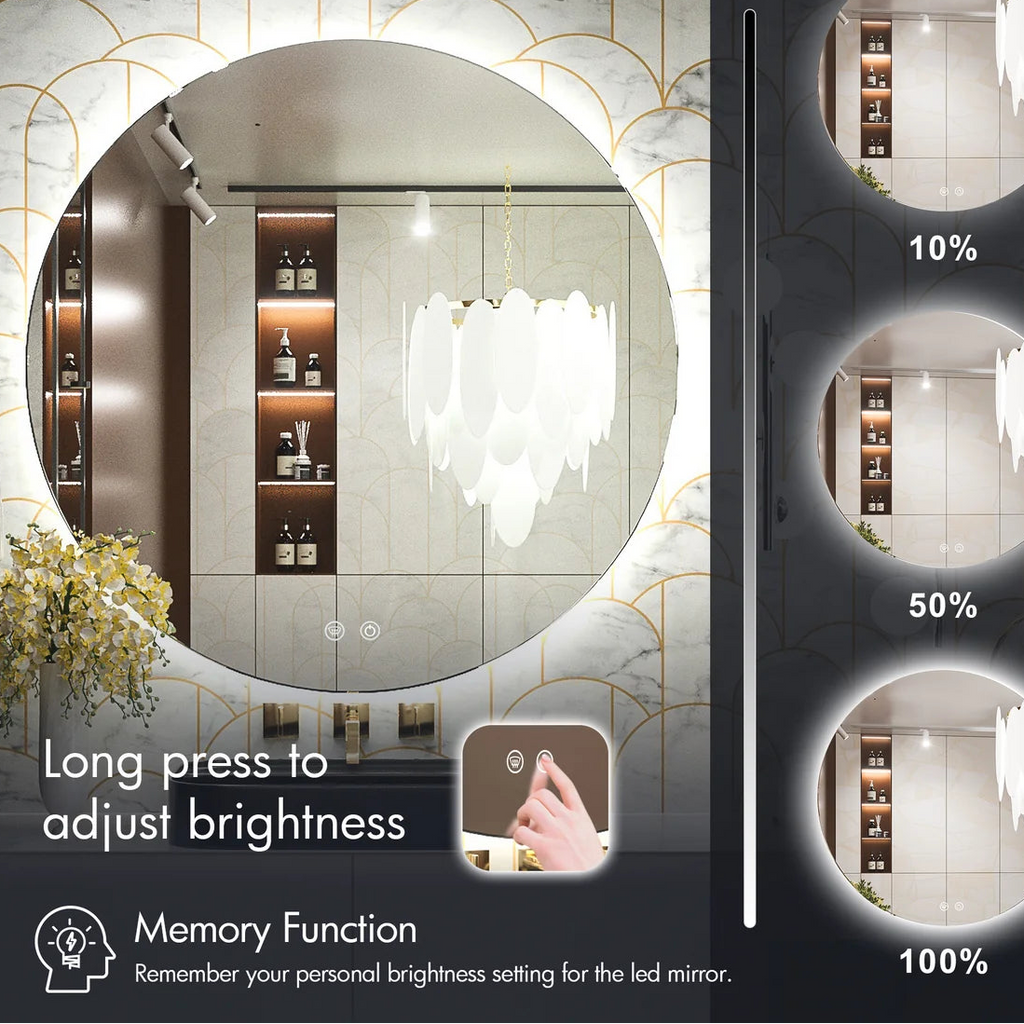Prime LED House Round Backlit LED Bathroom Mirror – 3-Color Dimmable, Anti-Fog, HD Shatterproof Mirror with Memory Function