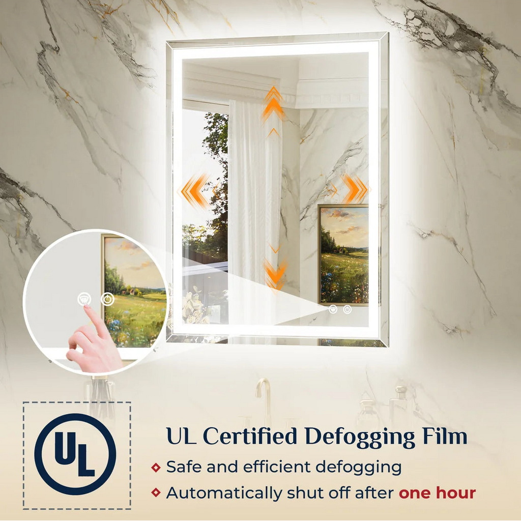 Beveled Frontlit & Backlit LED Bathroom Mirror with 3-Color Dimmable Lighting, Anti-Fog & HD Tempered Glass