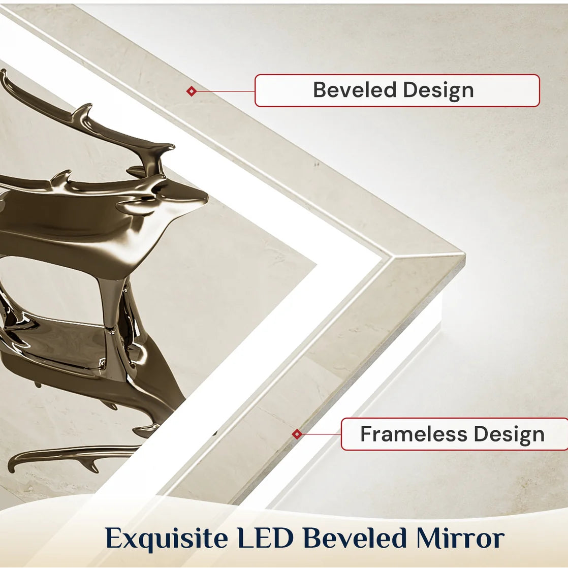 Beveled Frontlit & Backlit LED Bathroom Mirror with 3-Color Dimmable Lighting, Anti-Fog & HD Tempered Glass