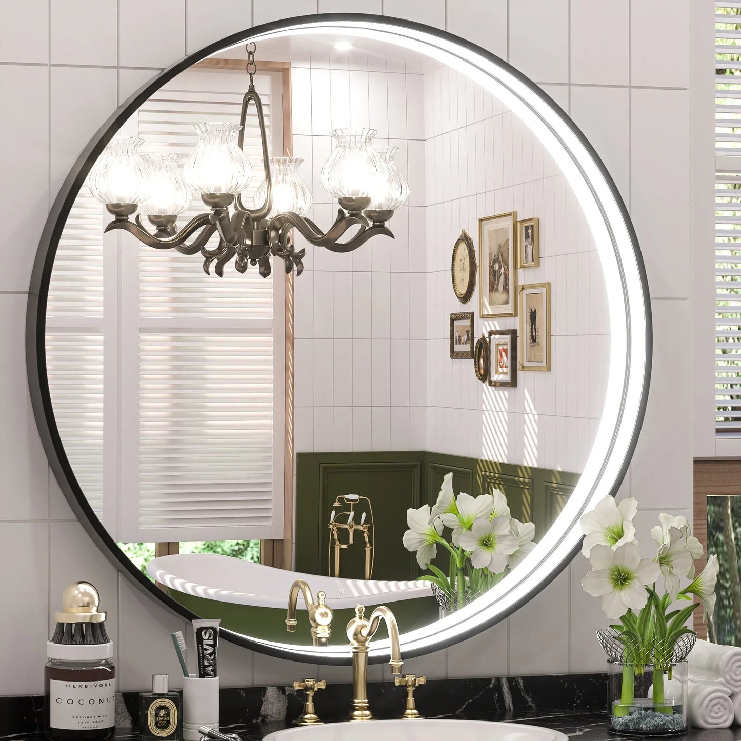 Frontlit Round LED Bathroom Mirror with Black Metal Frame Anti Fog Dimmable Light 3000K to 6000K Wall Mounted Vanity Mirror